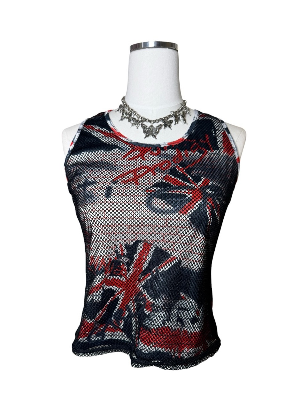 Y2K Union Jack Graffiti Mesh Overlay Tank Top Size Medium